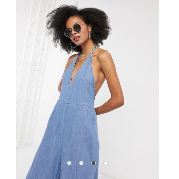 Free People Retro Wide Leg Denim Halter Jumpsuit - Picture 4 of 12
